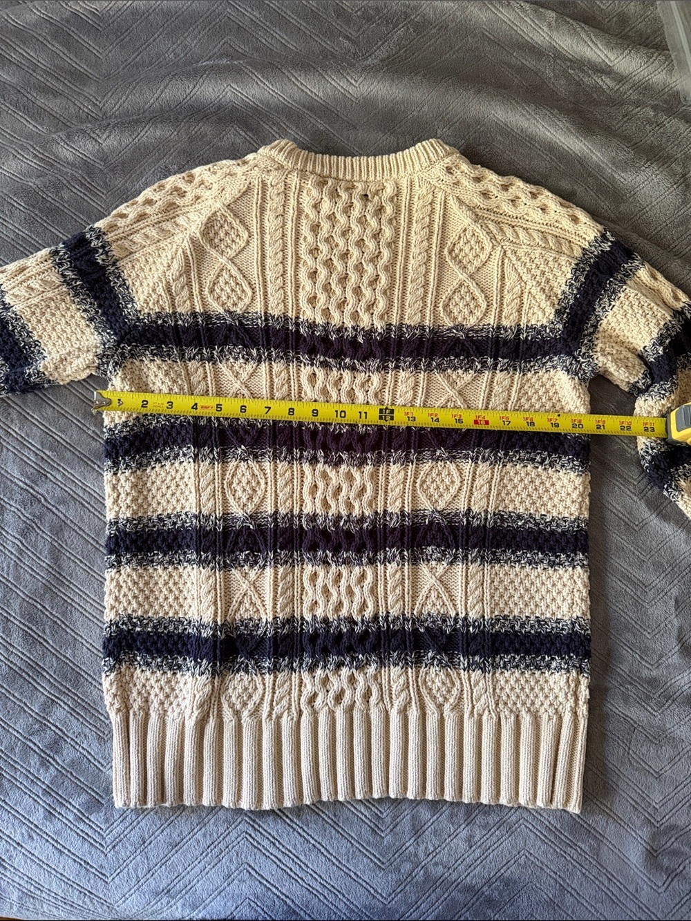 L.L. Bean Signature Cotton Fisherman Cable Knit Sweater Cream Navy Stripe Large - Picture 8 of 12